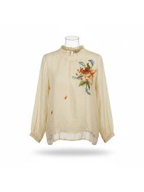 Hoa Đất Women Cotton Floral Embroidered Blouse Ruffle Collar Long Sleeves